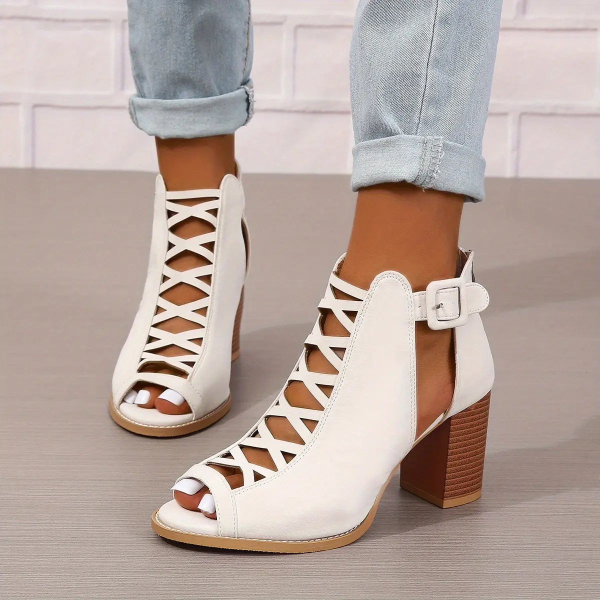 Strappy Block Heel Lace-Up Sandals