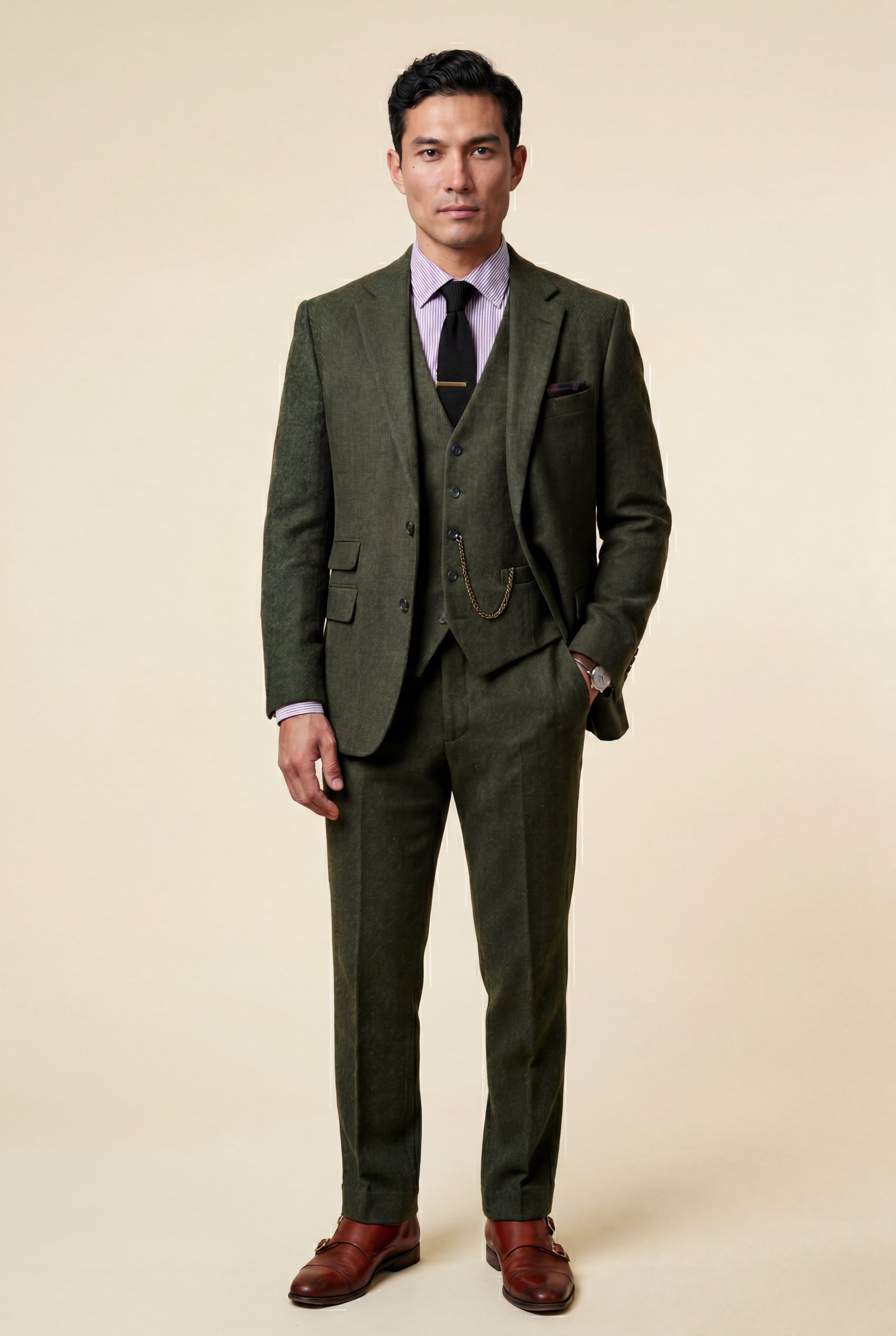 テクスチャー付きノッチドラペル三ピーススーツ