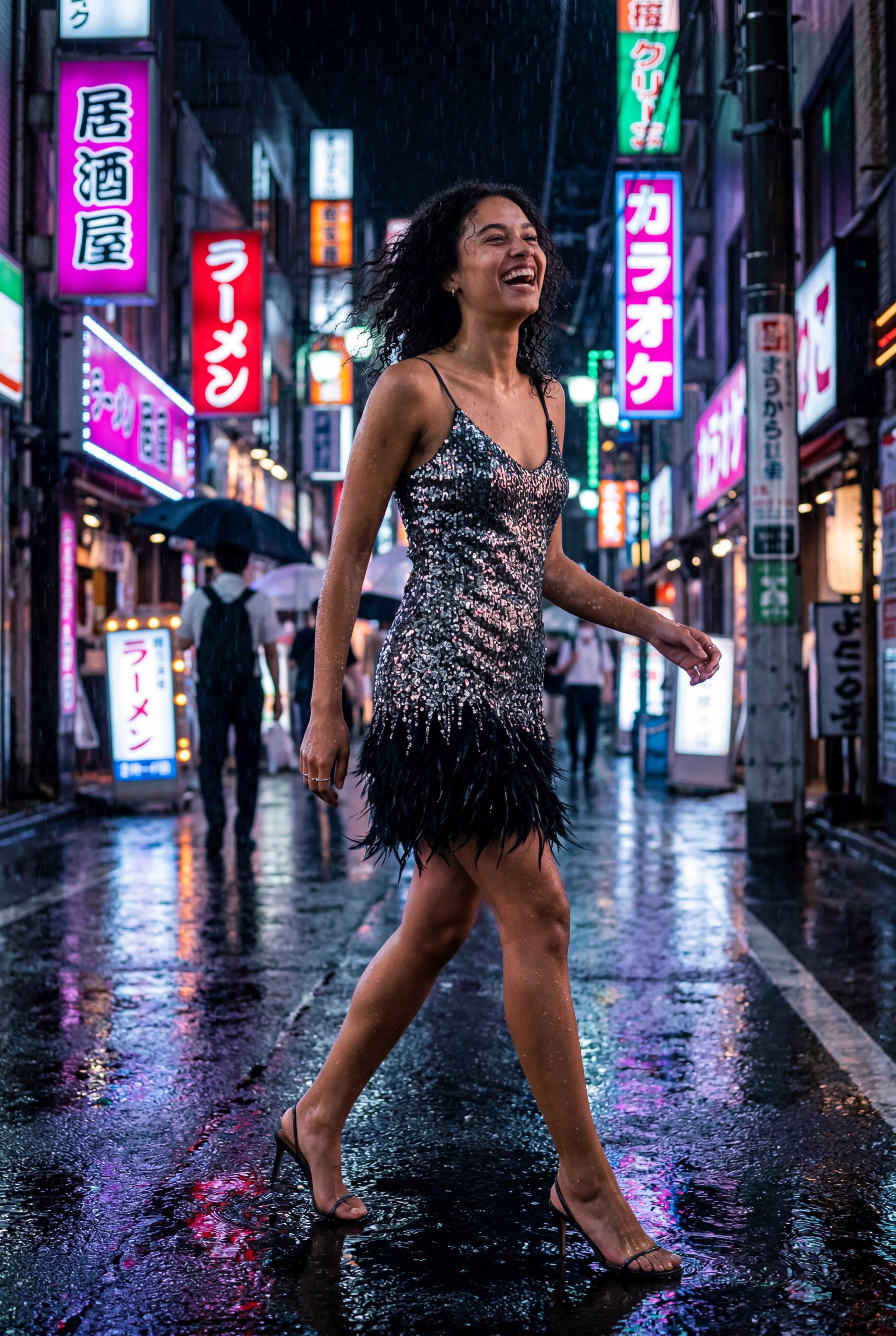 フリンジフェザー トリム付きミニカクテルドレス