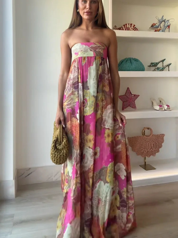 アンナ | フローラルデザインのストラップレスマキシドレス - 女性用ウェディングゲスト向け